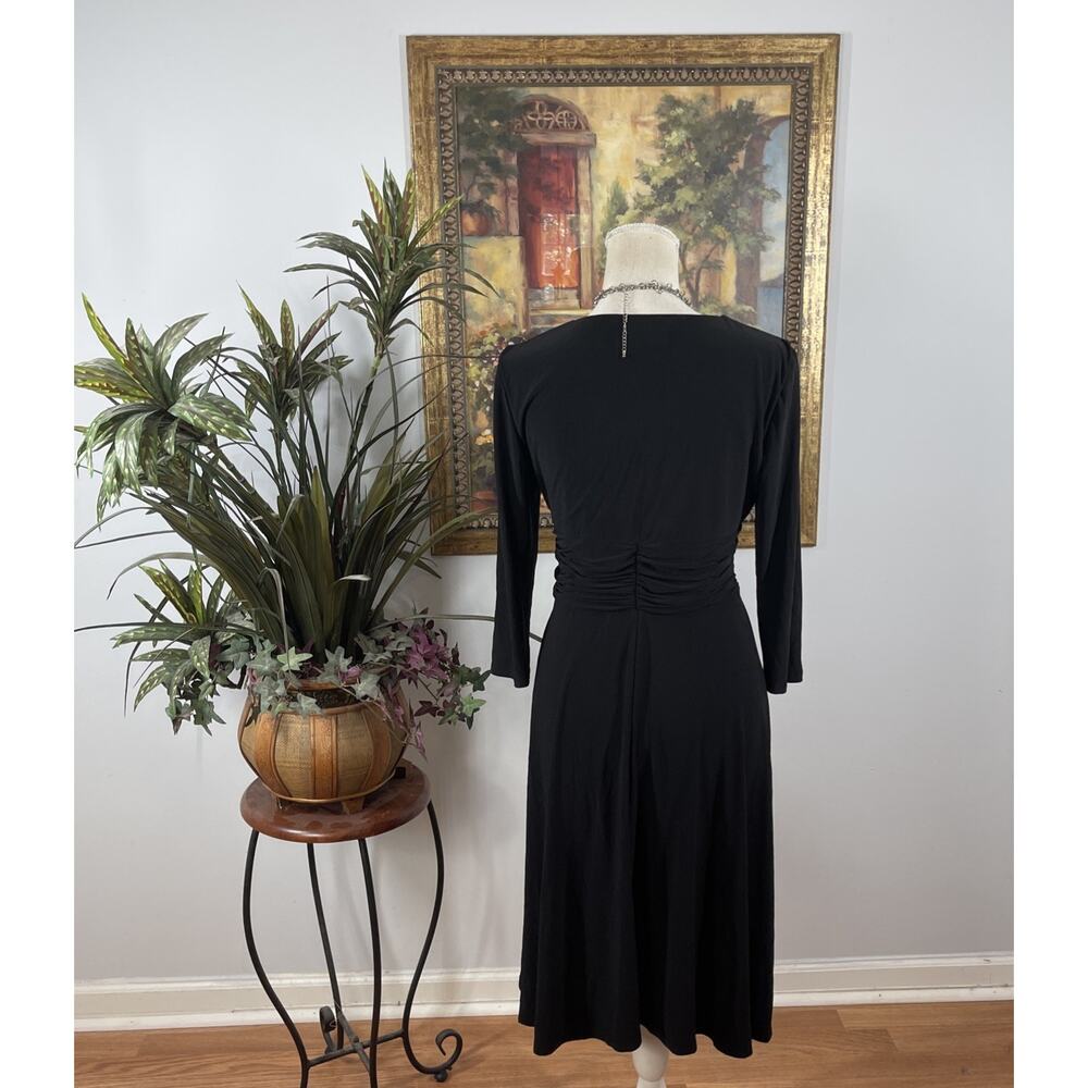 Kasper Dress Size 8 Black Faux Wrap A-Line Midi Tie Waist 3/4 Sleeve Stretch - Picture 5 of 12